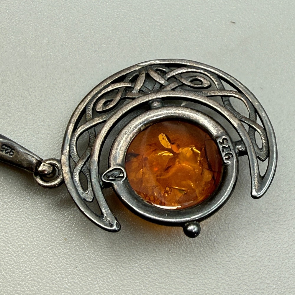 Celtic Crescent Moon Amber Pendant Sterling Silver 925 Cognac Cabochon - Picture 2 of 7